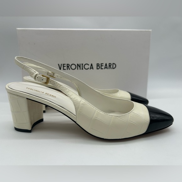 Veronica Beard Cecile Slingback 60 Ivory Croc Black Cap Toe Heels 8.5 New In Box - Picture 12 of 12